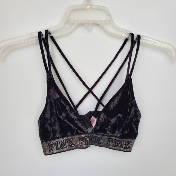 Victoria's Secret PINK Crushed Velvet Black Bralette Size M - Picture 1 of 11
